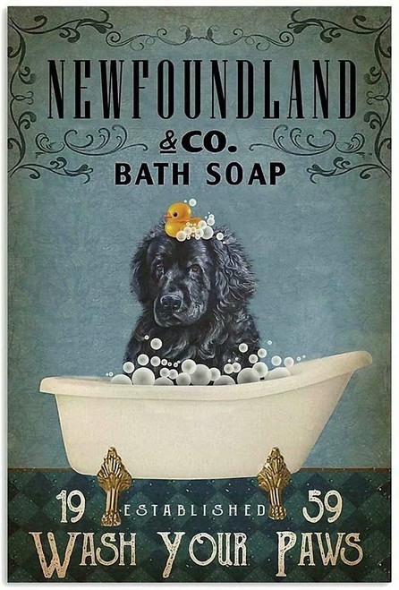FSDFS Dog Metal Tin Sign Newfoundland Co.bath Soap Wash Your Paws Funny Retro Poster Bathroom Kitchen Cafe Garage Home Art Wall Decoration Plaque 8x12Inch