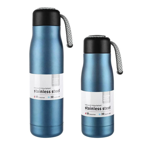 Stainless Steel Vacuum Insulated Water Bottle, Hydro Insulated Thermal Flask, Thermos Coffee Travel Mug, Double Walled Metal Tumbler, Keeps Cold And Hot, Leak-proof Lid with Carrying Loop, Blue, 13oz