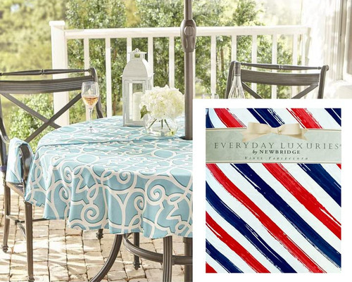 Newbridge Patriotic Brushstroke Stripe Red, White, Blue Vinyl Tablecloth with Flannel Backing, American Stripe Indoor Outdoor Vinyl Tablecloth, 70 Inch Zippered Umbrella Round