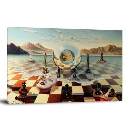 FireDeer Salvador Dali Chess Mask on the Sea Wall Art Surrealism Painting Canvas Print Poster Picture for Living Room Bedroom Home Decor (16x24inch, Chess Mask on the Sea)