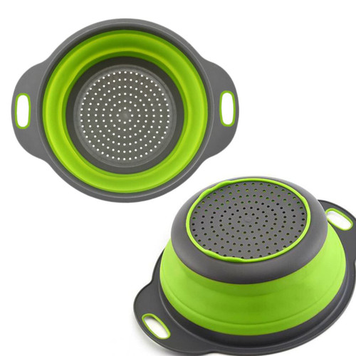 1PCS Collapsible Colander with Plastic Handles Round Silicone Kitchen Strainers Foldable Kitchen Strainer Perfect for Draining Pasta Vegetable and Fruit Green