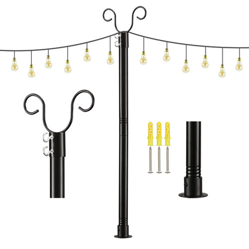 Outdoor String Light Pole, 11 FT Adjustable Globe Patio Light Post, 38MM Diameter Stand for Hard Ground for Hanging Outside Decorate Lighting, Hanging Lanterns with Round Base for Deck