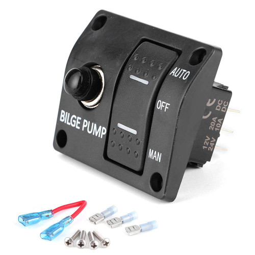 Bilge Pump Switch Panel, Bilge Pump Rocker Switch with LED Indicator, 3 Way Auto Off Manual Bilge Pump Control Switch with Built-In 15A Circuit Breaker