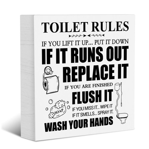 YYDS Toilet Rules Wood Box Sign Block Plaque, Bathroom Quote Wood Box Sign, Home Bathroom Desk Shelf Sign 5 X 5 Inches