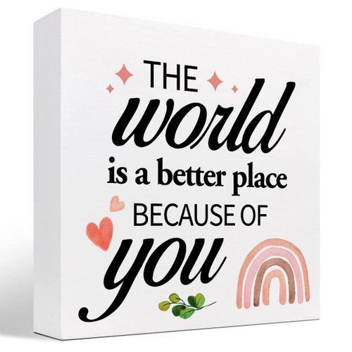 z-crange The World is A Better Place Because of You Boho Rainbow Wood Block Sign Desk Decor,Rustic Inspirational Wooden Box Plaque Sign Desk Decor for Home Office Shelf Table Decorations