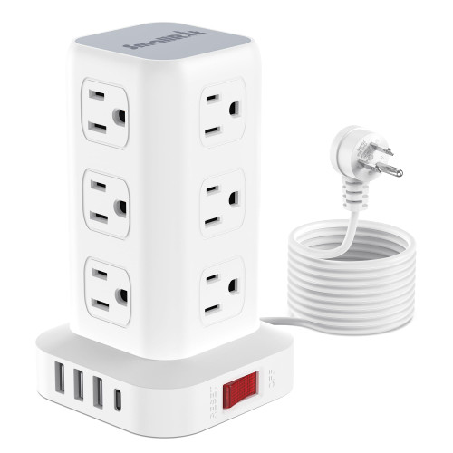 Power Strip Tower Surge Protector Power Strip with USB 12 Outlets with 4 USB Ports (1 USB C), Flat Plug 10FT Extension Cord Multi Plug Outlet Extender Overload Protection for Home Office