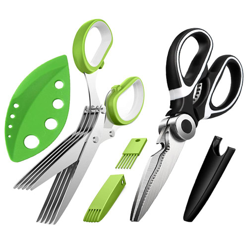 3 Pack Scissors Herb Stripper Tools Kits 5-Blades Stainless Steel Scissors, Heavy Duty Meat Scissors with Kitchen Herb Stripping Tool, Safe Covers Cleaning Comb Multipurpose Chopping Shear, Mincer