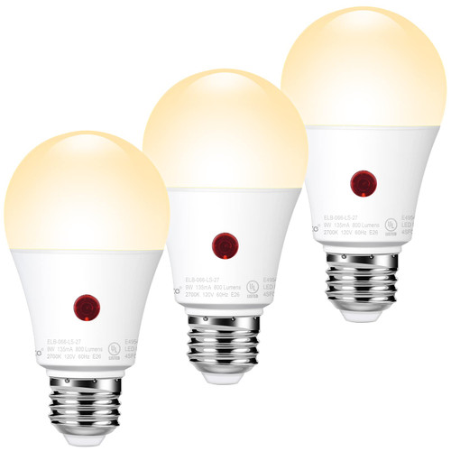 Emotionlite Dusk to Dawn Sensor Light Bulbs Outdoor, Warm White LED Bulbs, 60 Watt Equivalent, Automatic On/Off, Garage, Hallway, Basement, A19 Size, 9W, E26 Medium Base, 3 Pack