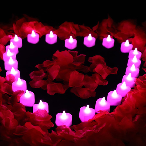 AUSAYE 1000 PCS Artificial Rose Petals with 24 Pcs Heart Shaped LED Candles Flameless Romantic Love LED Tea Lights for Night Valentine's Day Anniversary Wedding Table Decor Pink