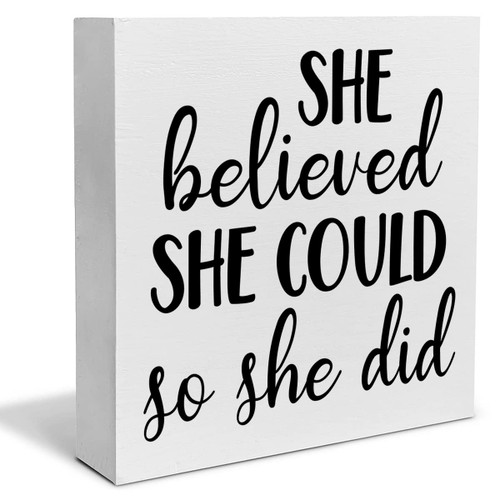 Motivating Saying Wooden Box Sign She Believed She Could So She Did Wood Block Plaque Decor Home Office Desk Shelf or Wall Display