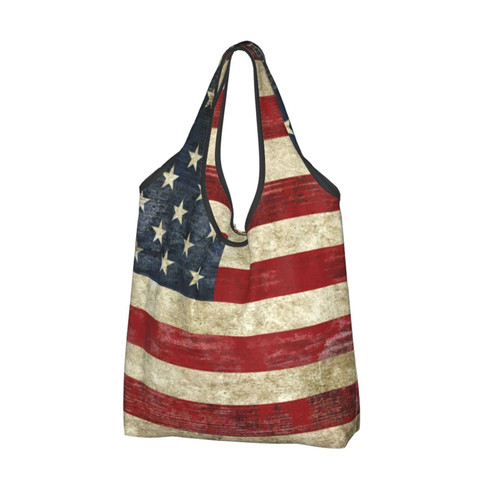 American Flag Reusable Grocery Bag Large Washable Foldable Eco Friendly Nylon Heavy Duty Fits In Pocket Shopping Tote Bag