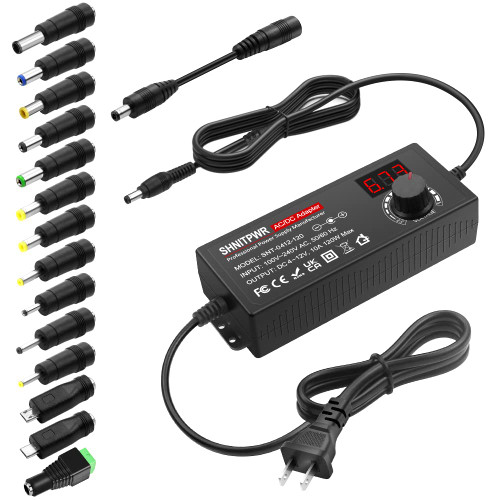 SHNITPWR 4V - 12V Power Supply 10A 120W AC to DC Adapter DC 4V 4.5V 5V 6V 7V 8V 9V 10V 11V 12V Voltage Adjustable Universal Power Converter Transformer 100-240V AC In with 14 Tips & Polarity Converter