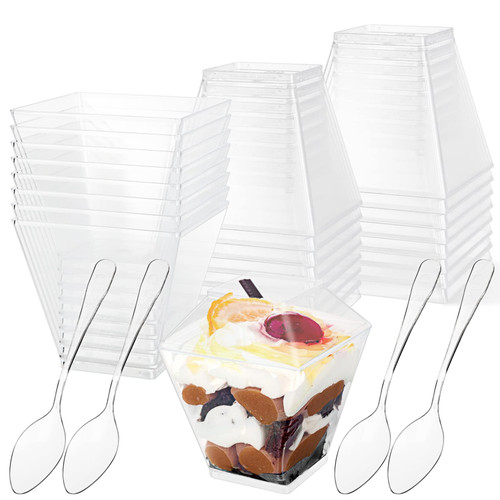 MIVIDE 100 PCS 2 oz Mini Dessert Cups with Lids and Spoons, Plastic Square Dessert Cups, Clear Appetizer Cups for Party, Parfait Cups, Shooter Cups, Disposable Plastic Cups for Desserts, Appetizers MIVIDE 100 PCS 2 oz Mini Dessert Cups with Lids and Spoons, Plastic Square Dessert Cups, Clear Appetizer Cups for Party, Parfait Cups, Shooter Cups, Disposable Plastic Cups for Desserts, Appetizers