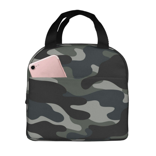 Reusable Lunch Tote Bag Gray Camouflage Seamless Pattern Insulated Lunch Bag Durable Cooler Lunch Box