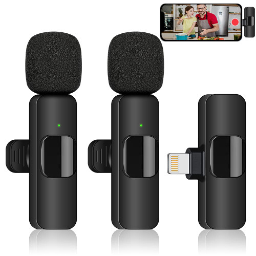 Fanquexy Wireless Lavalier Microphone, Mini Microphone, 2 Pack Professional Wireless Microphone for iPhone iPad, Clip-On Lapel Mic for Video Recording, YouTube, TikTok, Vlog, Facebook Live, Interview