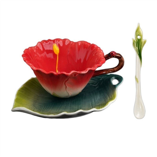 HEGZA Mugs Cups Creative Pastoral Hand-painted Enamel Color Cup Ceramic Mug Flower Shaped Coffee Cup with Cup Dish and Spoon Soup Mugs