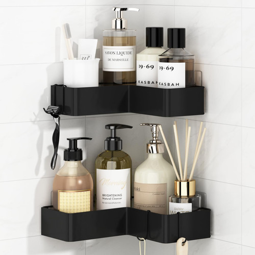 REALINN Corner Shower Caddy, Bathroom Shower Organizer [2 Pack], Adhesive Shower Shelves No Drilling, Rustproof Shower Shelves for Inside Shower, Black Bathroom Organization