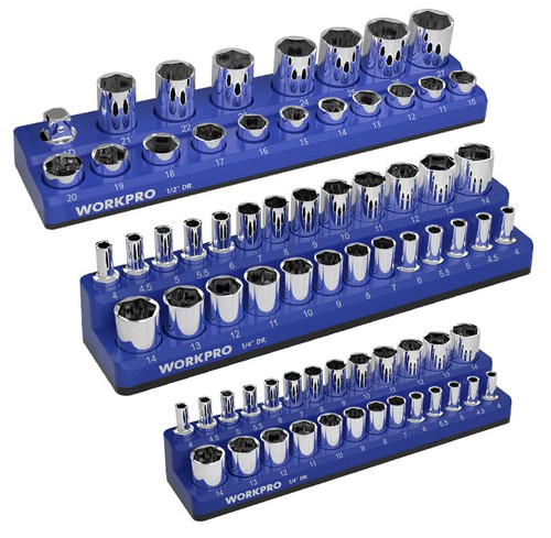 WORKPRO Magnetic Socket Organizer Set, 3-Piece Socket Holder Set Includes 1/4", 3/8" and 1/2" Drive Metric Socket Trays, Holds 75 Pieces Standard Size and Deep Size Sockets(Socket not Included)