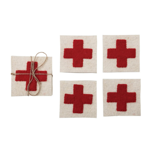 Creative Co-Op Square Wool Felt Coaster with Appliqued Swiss Cross, Cream Color and Red, Set of 4
