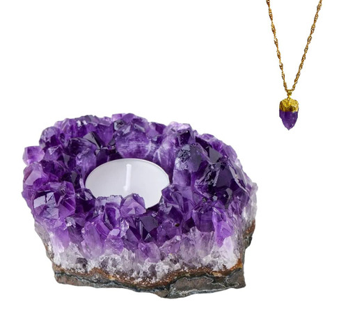 DHYz Large Amethyst Cluster Tea Lights Candle Holder with Amethyst Pendant - Chakra Candles and Amethyst Necklace - Crystal Candle Holders with Necklace for Women - Amethyst Candle Holder >0.5lbs
