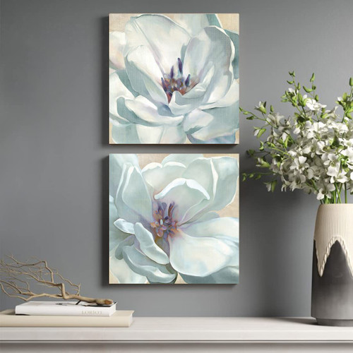 Bluegrass Valley Art Framed Flowers Wall Art White and Teal Magnolia Canvas Prints Wall Decor Elegant Floral Pictures Modern Artwork for Living Room Bedroom Bathroom Decoration, 12"x 12"x 2 Pcs