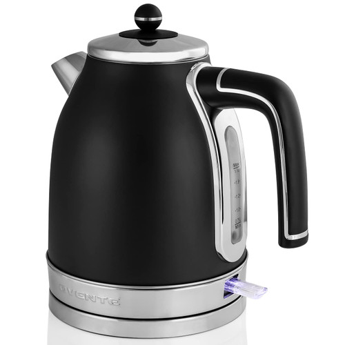Ovente Electric Stainless Steel Hot Water Kettle 1.7 Liter Victoria Collection, 1500 Watt Power Tea Maker Boiler with Auto Shut-Off Boil Dry Protection Removable Filter and Water Gauge, Black KS777B