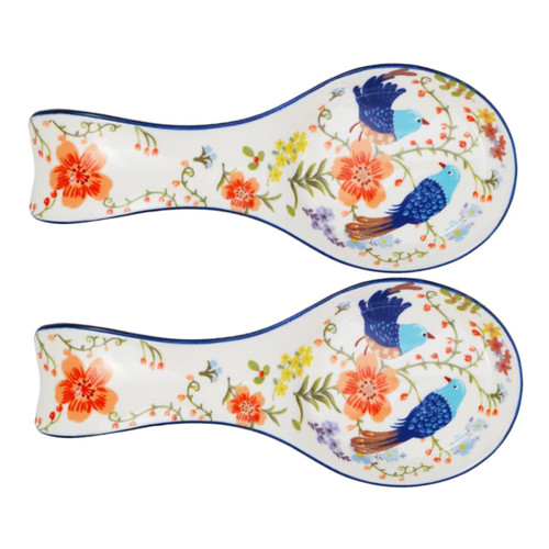 Sizikato Set of 2 Ceramic Spoon Rests, 9-Inch Utensil Ladle Rest for Kitchen, Flower and Bird Pattern, Blue