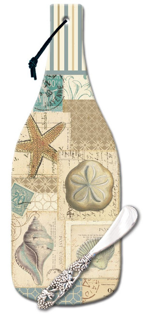 CounterArt Shell Collage Wine Bottle Shaped 12-1/2-Inch Glass Cheese Cutting Board with Spreader Knife
