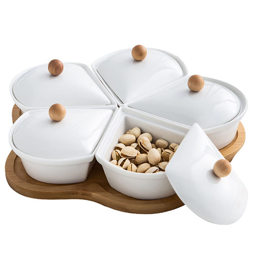 11 Inch Ceramic Divided Serving Dishes with Bamboo Tray and Lids, 5 Removable Snack Bowls Relish Tray for Candy, Nut, Fruits, Chips and Dip