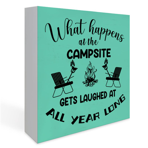 Rustic What Happens at the Campsite Wood Box Sign, Farmhouse Camping Artwork Decor, Camp Campfire Wood Square Sign Desk Block Signs Home Shelf Decoration 5 x 5 Inches