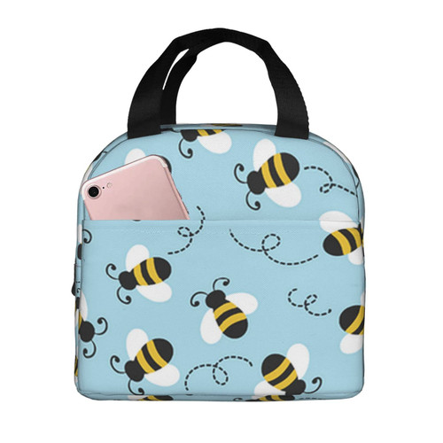 Reusable Lunch Tote Bag Bee Pattern Blue Insulated Lunch Bag Durable Cooler Lunch Box