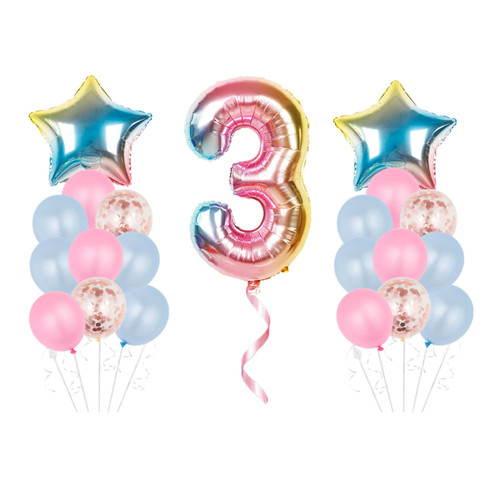 Balloons,3rd Birthday Party Supplies Gradient Number 3 Balloon 3rd Birthday Decoration Pink Blue Latex Rose Gold Confetti Balloon Foil Star Balloon 21Pcs(Rainbow)