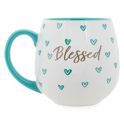 Lighthouse Christian Products Happy Hearts Blessed 13 ounce Ceramic Stoneware Coffee Mug, Teal Blue