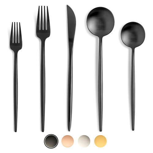 BirdyFly Black Silverware Set, 20 Piece Stainless Steel Flatware Set Service for 4, Matte Black Cutlery Set, Include Knives/Forks/Spoons, Dishwasher Safe