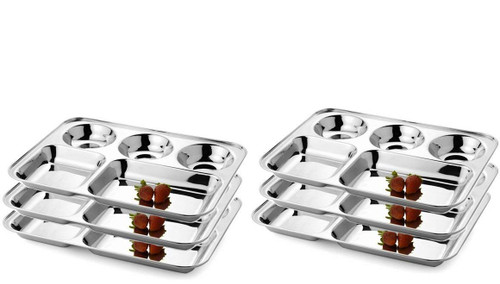 IndiaBigShop Stainless Steel Five Compartment Rectangular Plates, Thali, Mess Tray, Dinner Plate Set of 6 pcs