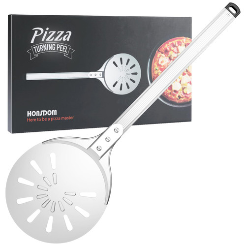 Pizza Turning Peel, 8-inch Pizza Turner Spinner Long Handle, Hard Anodized Aluminum Perforated Pizza Peel, Pizza Oven Accessories