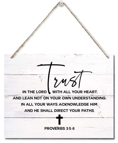 Bible Verse Printed Wood Plaque Sign Wall Hanging, Home Wall Decor Trust In The Lord With All Your Heart Scripture Rustic Hanging Wall Plaque Wood Signs, Proverbs 3:5-6 Christian Sign