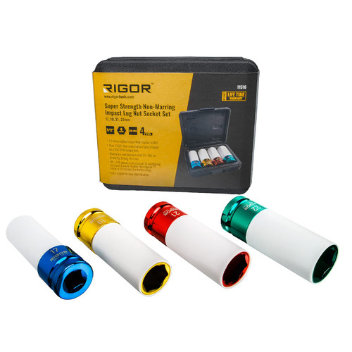 RIGOR 11516 Non-Marring Lug Nut Socket Set | Wheel Protector Impact Socket Set | 1/2" Drive, 6 Point, CR-MO | Metric 17mm, 19mm, 21mm, 22mm