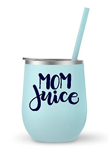 Mom Juice Wine Tumbler | 12 oz Stainless Steel mommy sippy fuel cup funny quotes Seafoam mom wine glass insulated outdoor travel tumblers with Lid and Straw Stemless Goblet (Seafoam - Navy Mom Juice)