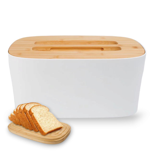NESTGO- Modern White Bread Box with Bamboo Cutting Board Lid - Homemade Farmhouse Bread Box For Kitchen Countertop - Bread Storage container for Kitchen Counter, Bread Bin & Bread Holder for Kitchen Space Saving Organizer