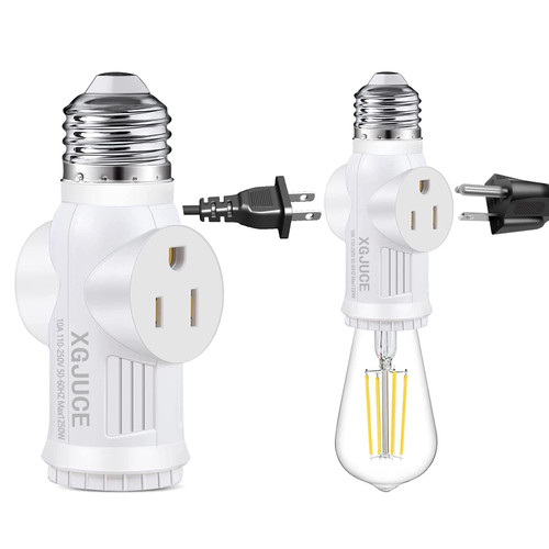 3 Prong Light Socket to Plug Adapter,E26 Outdoor Light with Outlet,E27 Light Bulb to 2/3 Prong Outlet Plug Splitter Converter for Garage Porch CCTV Camera (1, White)