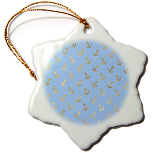 3dRose Chic Light Blue and Image of Gold Sailing Anchor Pattern - Ornaments (orn-317636-1)