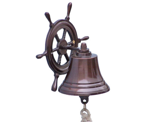 Hampton Nautical Hanging Ship Wheel Bell, 7", Antique Copper