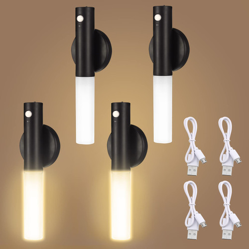 4Pcs LED Motion Sensor Night Light USB Rechargeable Magnet Body Sensor Hallway Night Lights Wireless Battery Operated Wall Sconce Portable Stair Lights Indoor for Stairway Bedroom Toilet (Black)