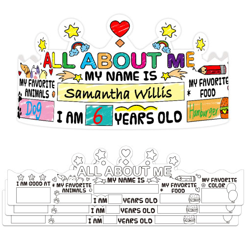 WhatSign All About Me Coloring Paper Crowns for Kids Students 24PCS Color Your Own Back to School Crown Crafts First Day of School Party Hats Headbands for Kindergarten Elementary Classroom Supplies