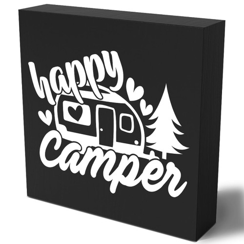Funny Camper Van Wooden Box Sign Plaque Happy Camper Wood Box Sign Rustic Art Home Shelf Desk Decor 5 x 5 x 1 Inches