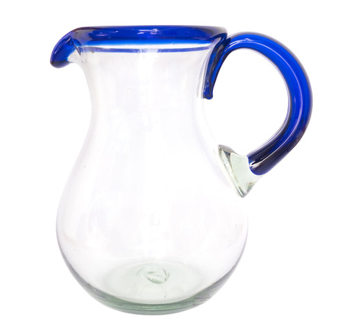 Hand Blown Glass Margarita Pitcher Authentic Mexican Water Serveware Blue Rim and Handle (Cobalt 84 Oz)