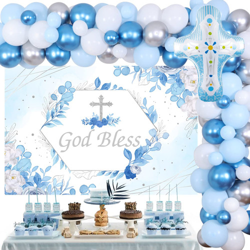 Baptism Party Decorations for Boys Blue, God Bless Party Decorations Blue and Silver Balloon Garland Kit with God Bless Backdrop Cross Foil Balloon for First Communion Confirmation Party Supplies