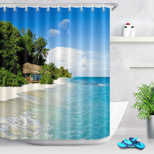 LB Summer Beach Shower Curtain Tropical Blue Ocean Palm Tree Shower Curtains for Bathroom,Blue Sky Hawaii Seaside Farmhouse Design for Home,Waterproof Polyester Fabric 72x78 inch
