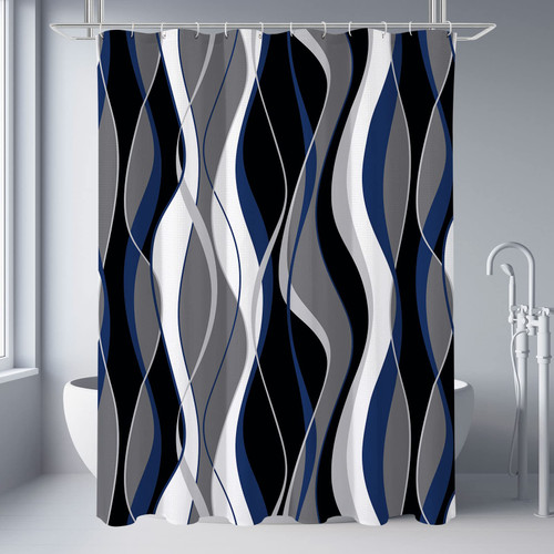 Gibelle Navy Blue Shower Curtain, Black and Grey Abstract Modern Bathroom Decor, Waffle Weave Textured Fabric Shower Curtain Set with Hooks, 72x72